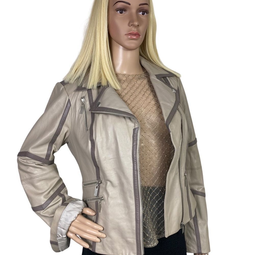 Bebe retro Leather jacket beige /taupe lots of details - Picture 7 of 16